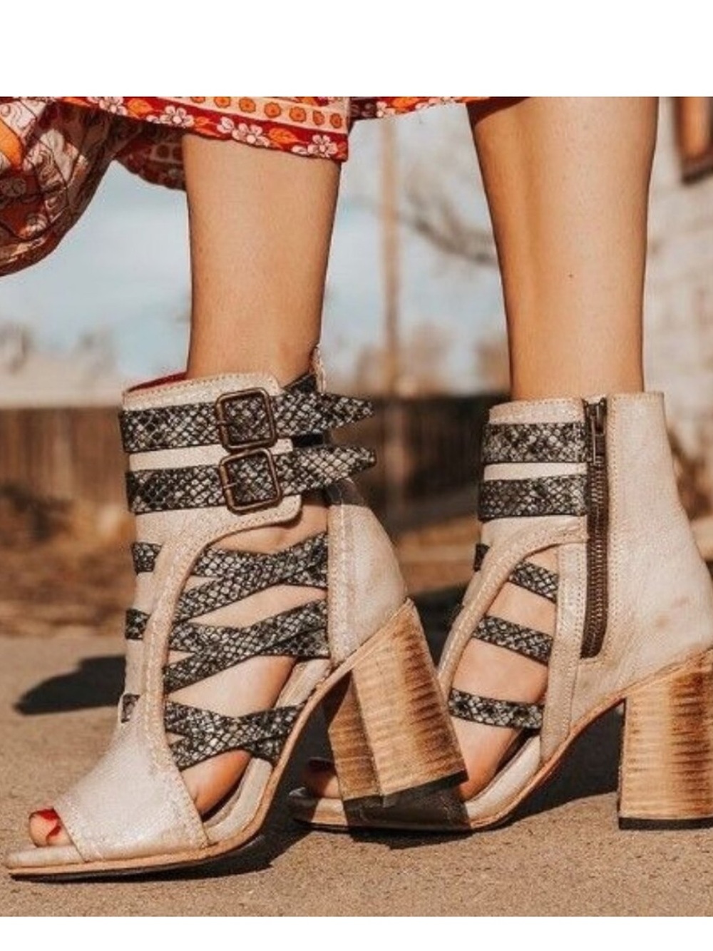 freebird Tan and Black Strappy Heeled Booties